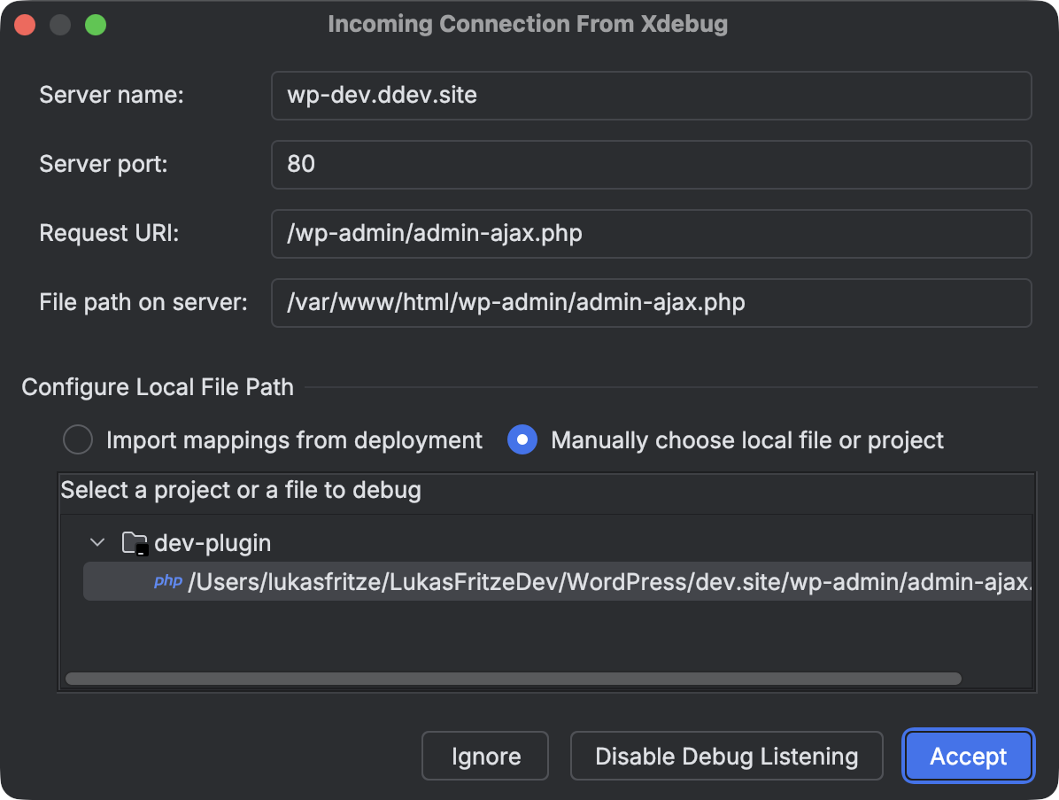 Screenshot des Fensters »Incoming Connection From Xdebug« das erscheint, wenn die erste Verbindung erkannt wird. Hervorgehoben ist der Button »Akzeptieren« mit dem das Fenster bestätigt werden kann.