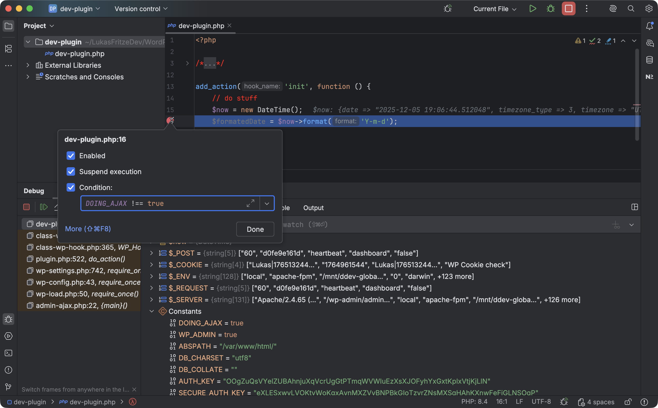 Screenshot der Breakpoint-Einstellungen, unter anderem mit dem Feld »Condition« in das die erwähnte Bedingung eingetragen ist.
